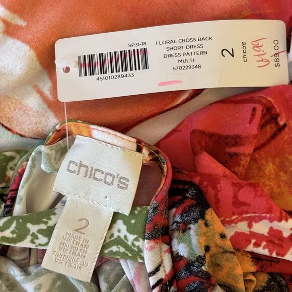 Colorful Boho-Style Short Sleeve Dress With V-Neck & Cross Back Chicos 2 = L - Picture 7 of 11